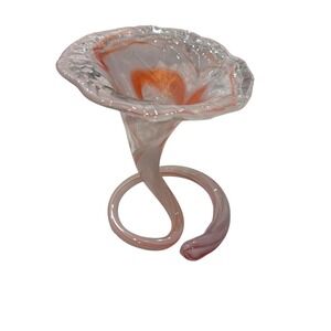 Murano Art Glass Swirl Flower Bud Vase Twisted Stem Orange  Clear Vintage‎ 8"